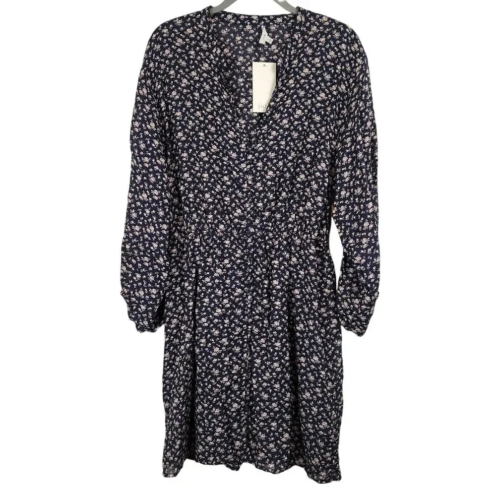 New Joie Galani Navy Floral Balloon Sleeve Cinched Waist Button Dress, Large NWT
